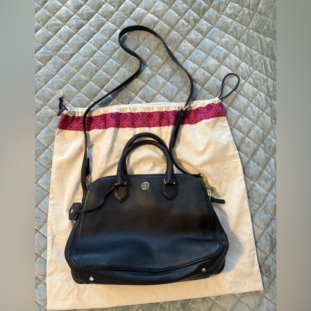 Tory Burch Black Pebbled Leather Satchel with Crossbody Strap